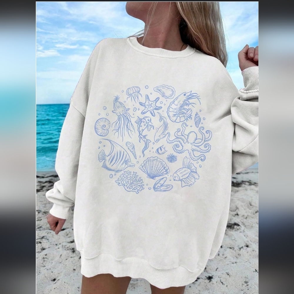 Beach Sea Creatures Graphic‎ Pull Over Sweatshirt  Size Large